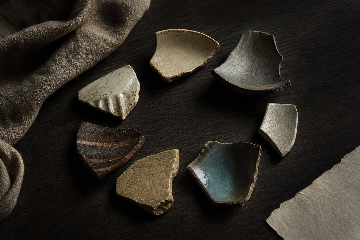Distinct handmade ceramic fragments arranged in a loose circle