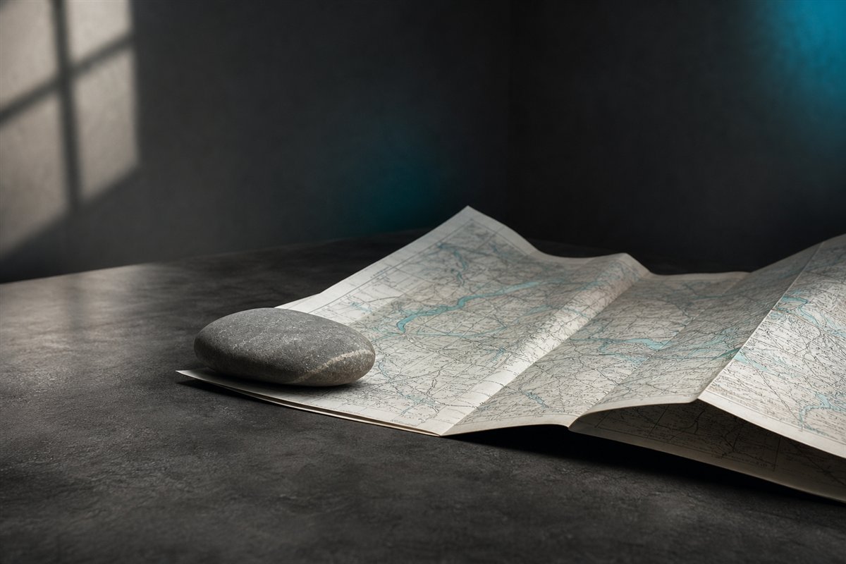 A folded map held open by a river stone